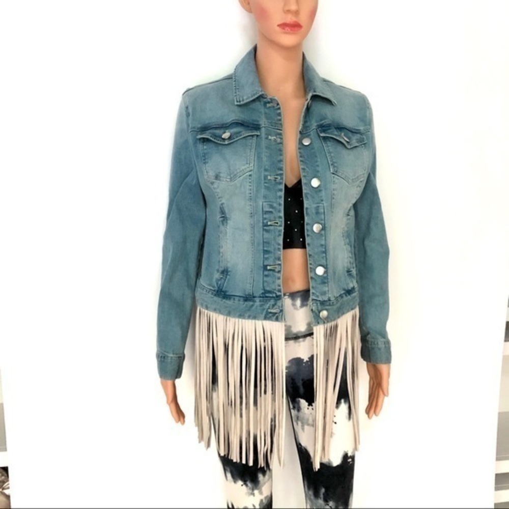 BOSTON PROPER jean jacket with fringe size XS